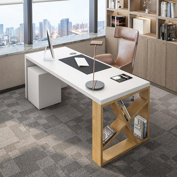 Modern White and Natural Rectangular Writing Desk with Shelves